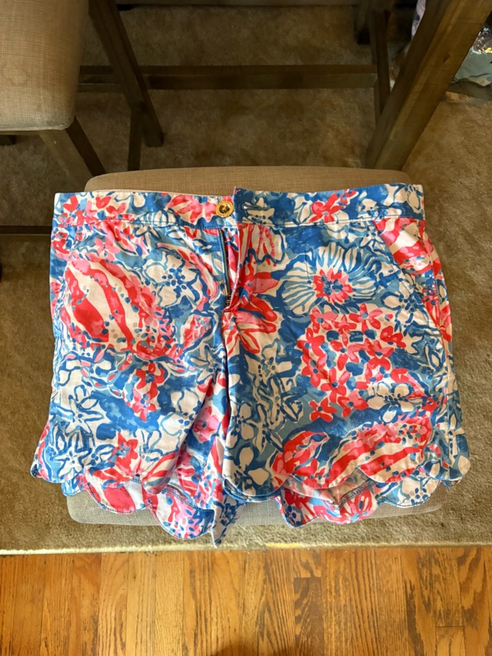 Lilly Pulitzer Blue & Coral Floral Scallop Hem High-Waist Shorts